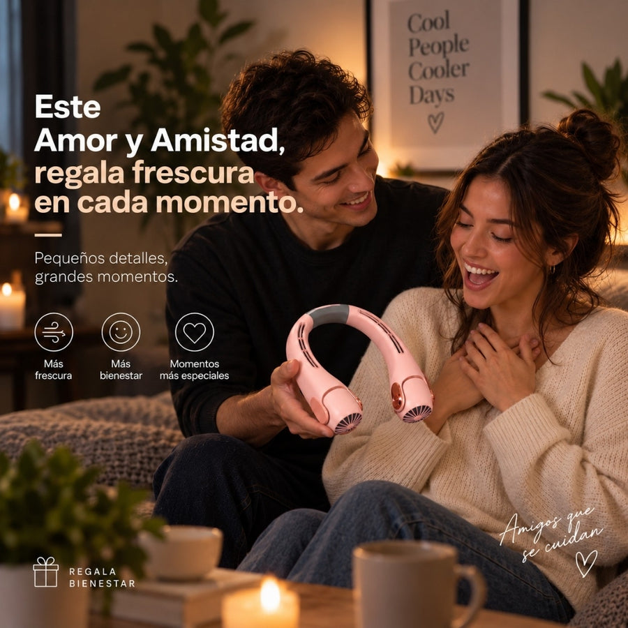 Pareja celebrando Amor y Amistad con un ventilador de cuello portátil como regalo para disfrutar más frescura y confort.